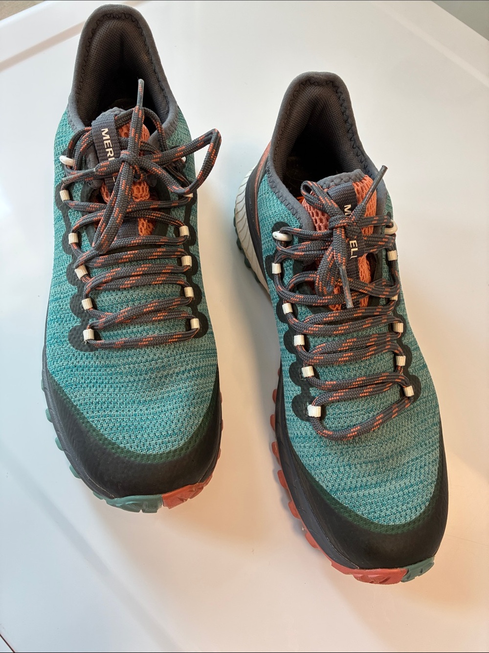 Merrell Teal Mesh Trail Sneakers with Orange Accents women size 10